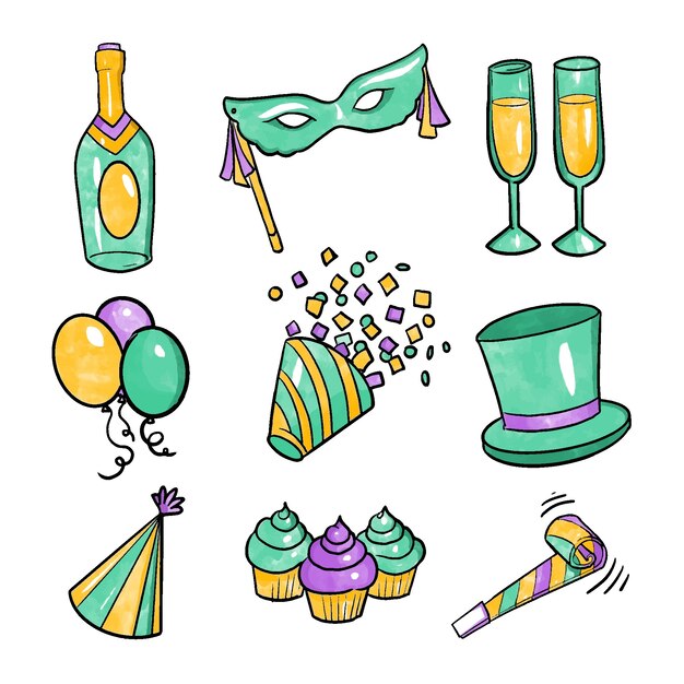 Colección de elementos de fiesta de año nuevo de acuarela