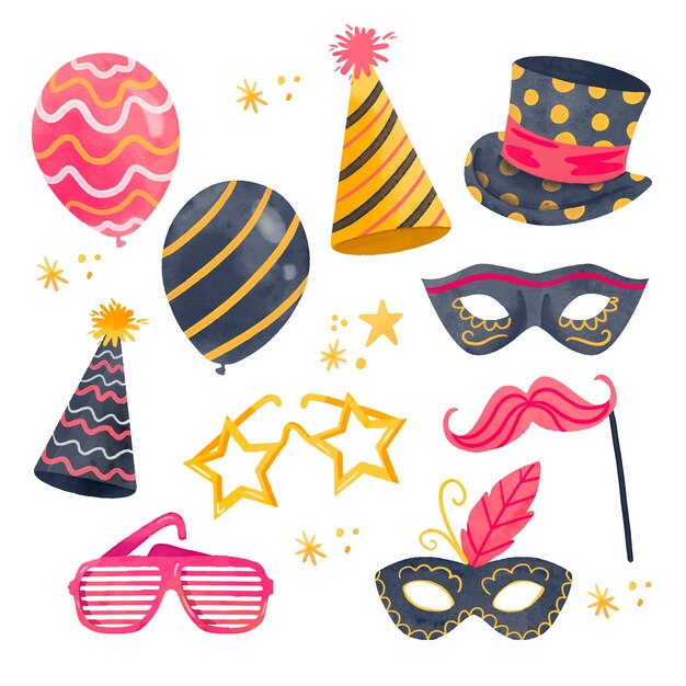 Colección de elementos de fiesta de año nuevo de acuarela
