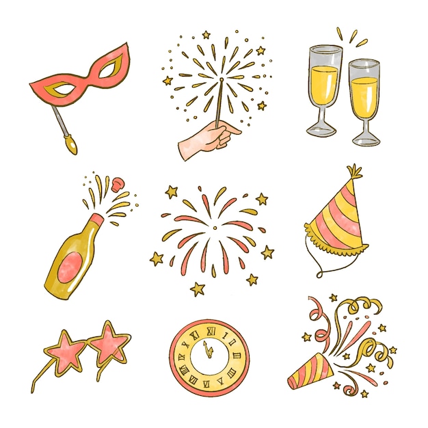 Colección de elementos de fiesta de año nuevo de acuarela