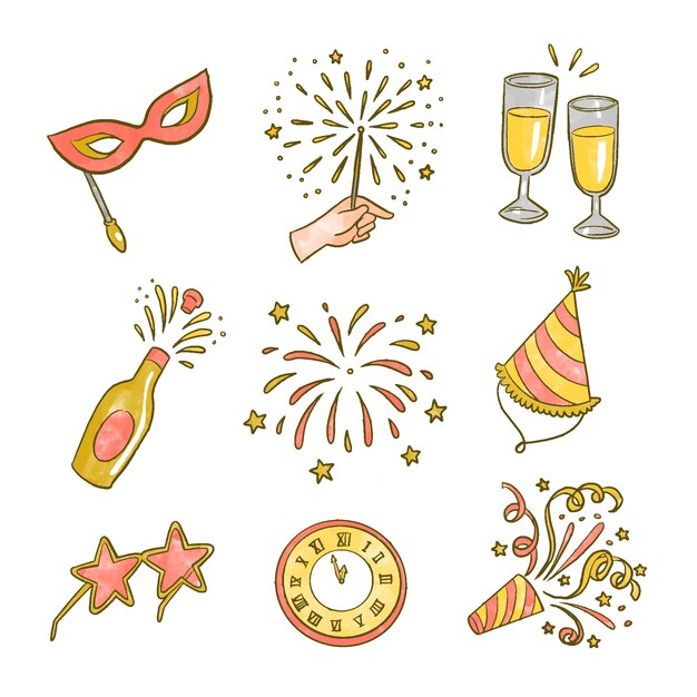 Colección de elementos de fiesta de año nuevo de acuarela