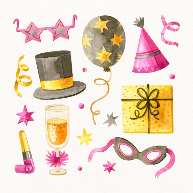 Colección de elementos de fiesta de año nuevo de acuarela