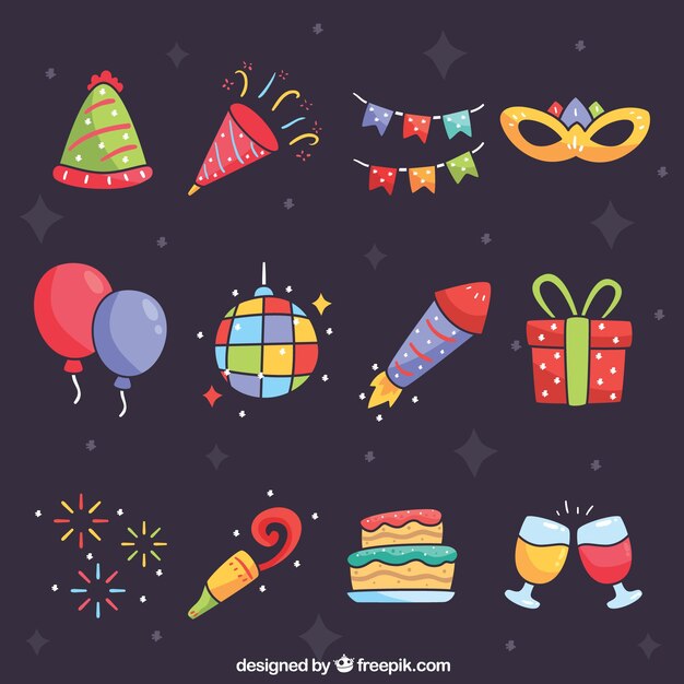Colección de elementos de fiesta de año nuevo dibujado a mano coloridos