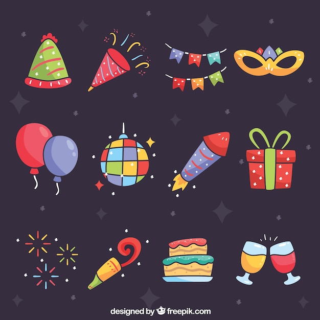 Colección de elementos de fiesta de año nuevo dibujado a mano coloridos