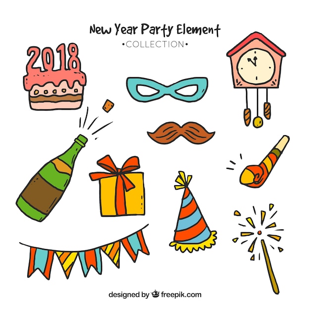 Colección de elementos de fiesta de año nuevo dibujado a mano graciosos