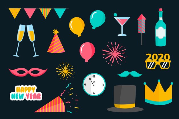 Colección de elementos de fiesta de año nuevo dibujados a mano