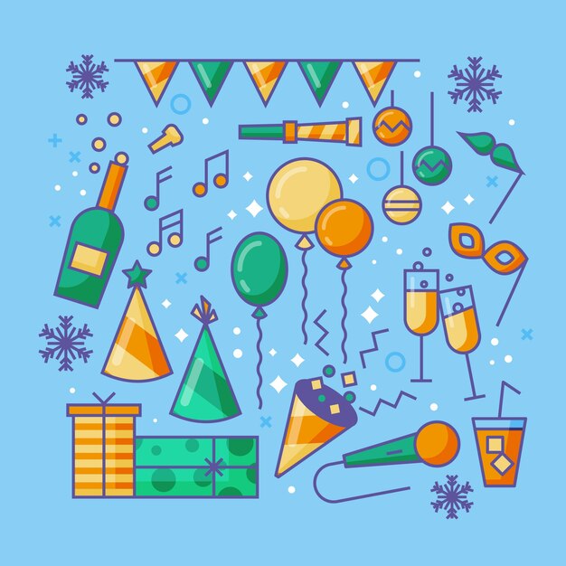 Colección de elementos de fiesta de año nuevo dibujados a mano