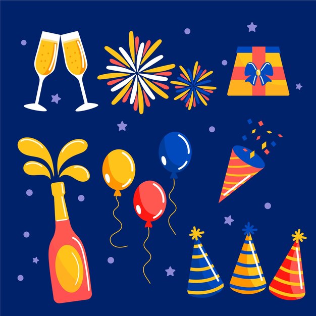 Colección de elementos de fiesta de año nuevo dibujados a mano