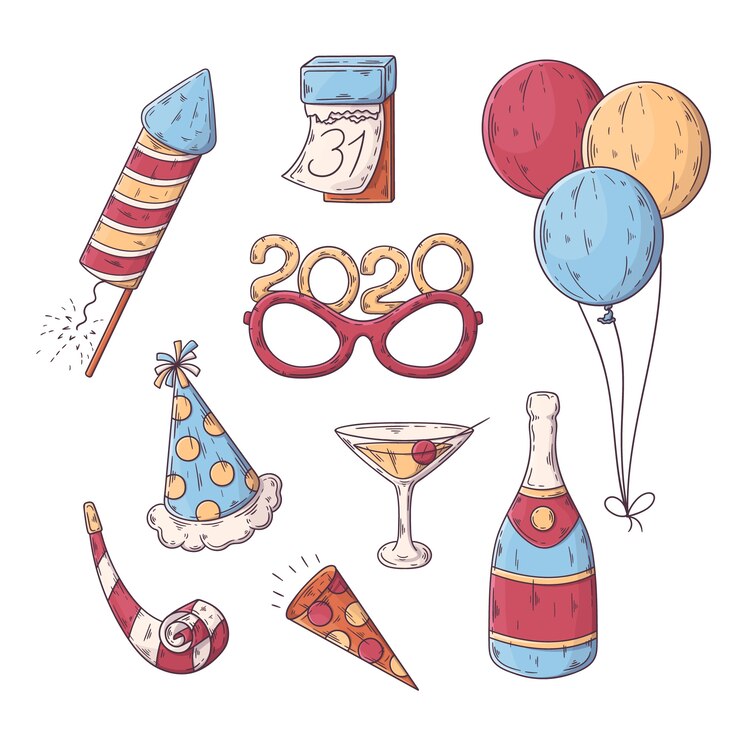 Vector gratuito colección de elementos de fiesta de año nuevo dibujados a mano