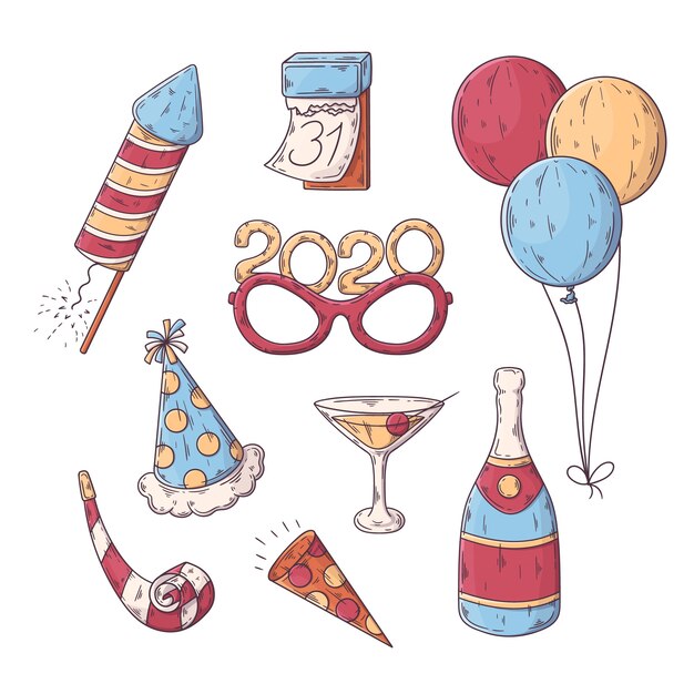 Colección de elementos de fiesta de año nuevo dibujados a mano