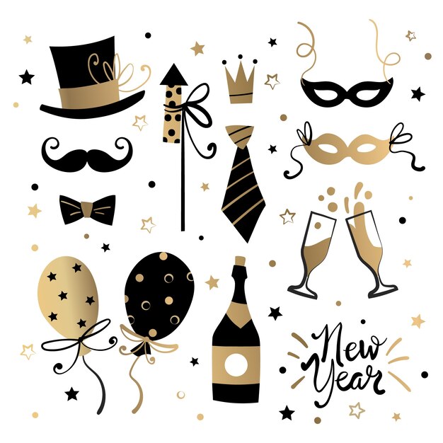 Colección de elementos de fiesta de año nuevo dibujados a mano