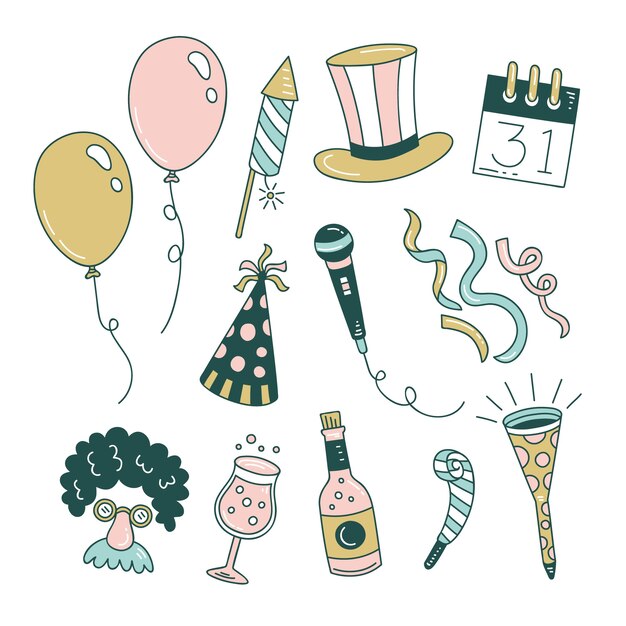 Colección de elementos de fiesta de año nuevo dibujados a mano