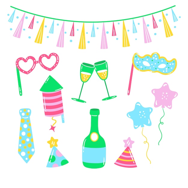 Colección de elementos de fiesta de año nuevo dibujados a mano