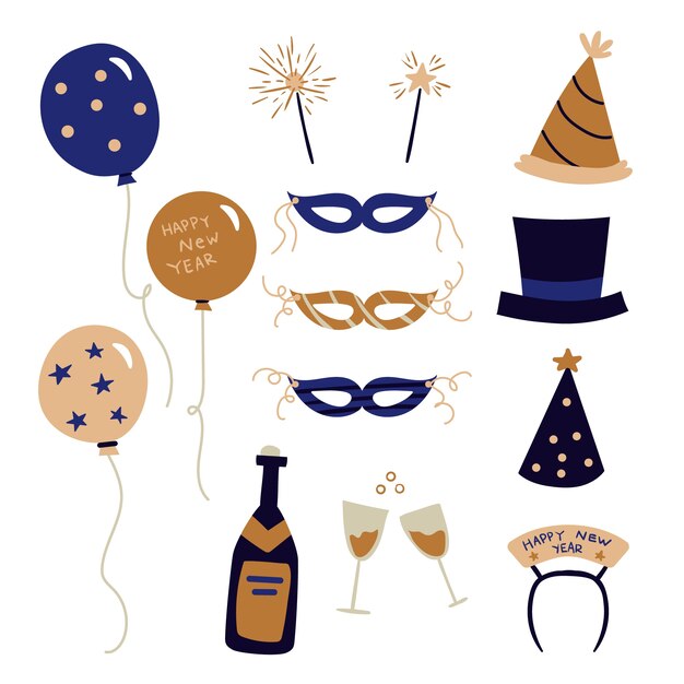 Colección de elementos de fiesta de año nuevo dibujados a mano