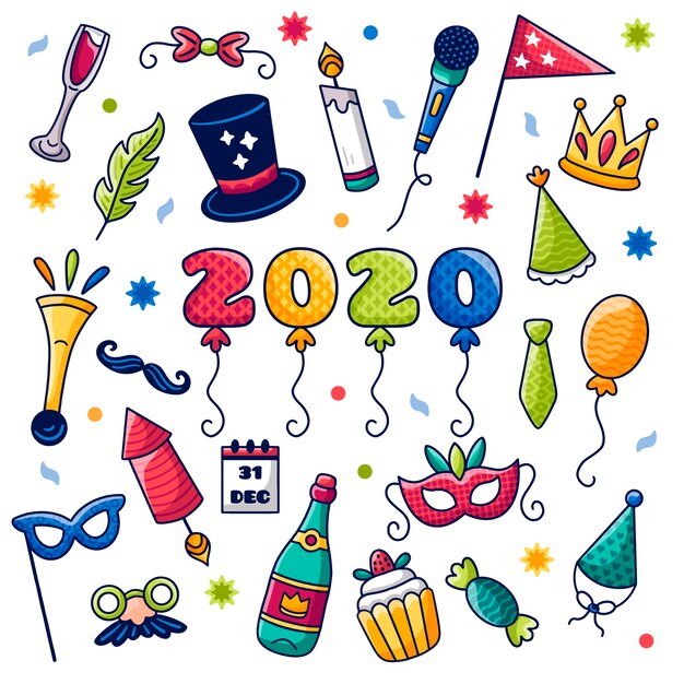 Colección de elementos de fiesta de año nuevo dibujados a mano