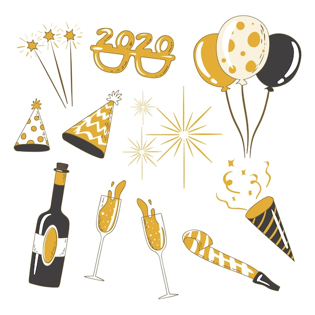 Colección de elementos de fiesta de año nuevo dibujados a mano