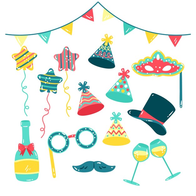 Colección de elementos de fiesta de año nuevo dibujados a mano