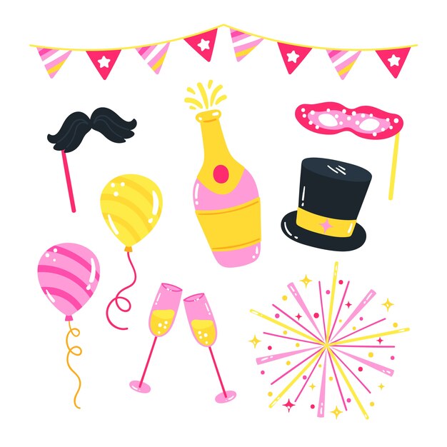 Colección de elementos de fiesta de año nuevo dibujados a mano