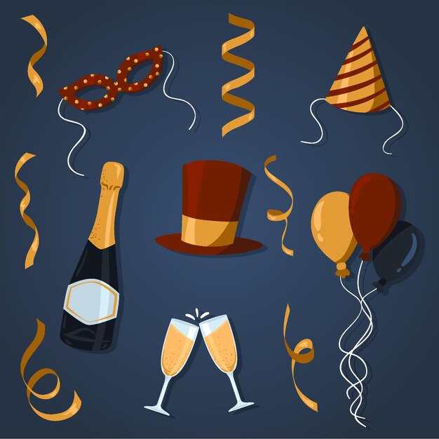 Colección de elementos de fiesta de año nuevo dibujados a mano