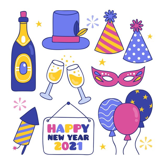 Colección de elementos de fiesta de año nuevo dibujados a mano