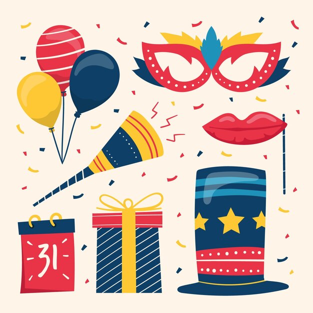 Colección de elementos de fiesta de año nuevo dibujados a mano
