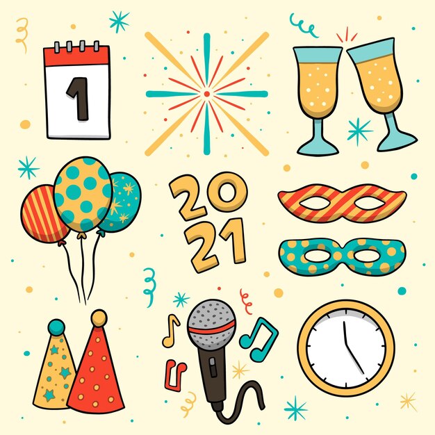 Colección de elementos de fiesta de año nuevo dibujados a mano