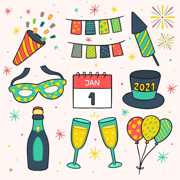 Colección de elementos de fiesta de año nuevo dibujados a mano