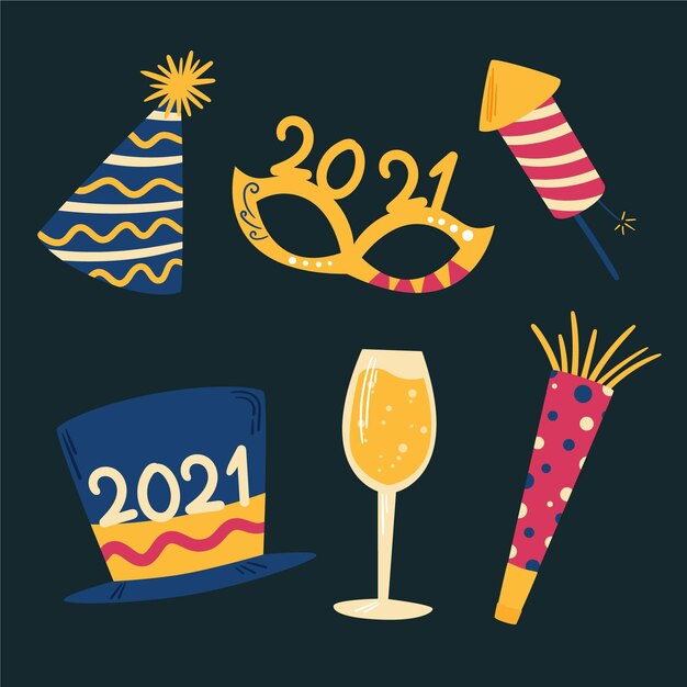 Colección de elementos de fiesta de año nuevo dibujados a mano