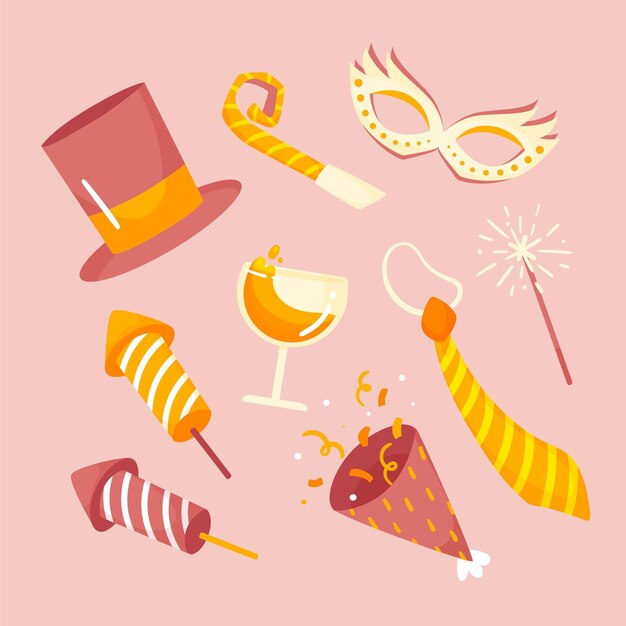 Colección de elementos de fiesta de año nuevo dibujados a mano