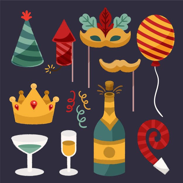 Colección de elementos de fiesta de año nuevo dibujados a mano