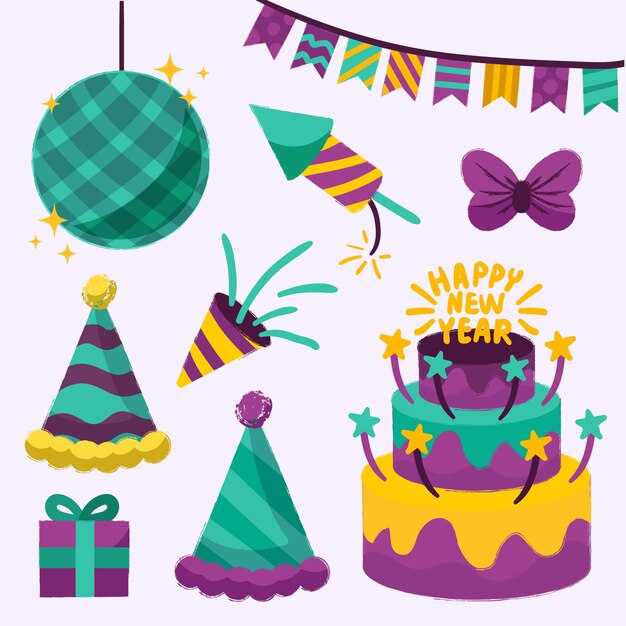 Colección de elementos de fiesta de año nuevo dibujados a mano