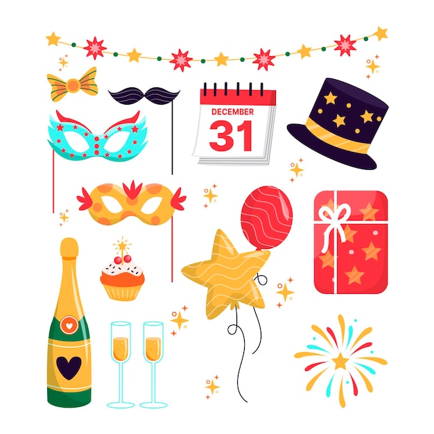 Colección de elementos de fiesta de año nuevo dibujados a mano