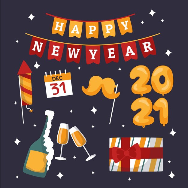Colección de elementos de fiesta de año nuevo dibujados a mano
