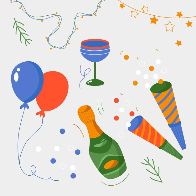 Colección de elementos de fiesta de año nuevo dibujados a mano