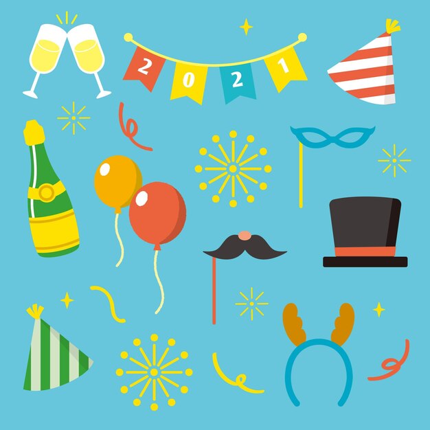Colección de elementos de fiesta de año nuevo dibujados