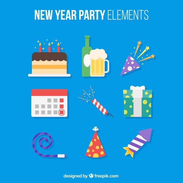 Colección de elementos de fiesta de año nuevo en diseño plano 