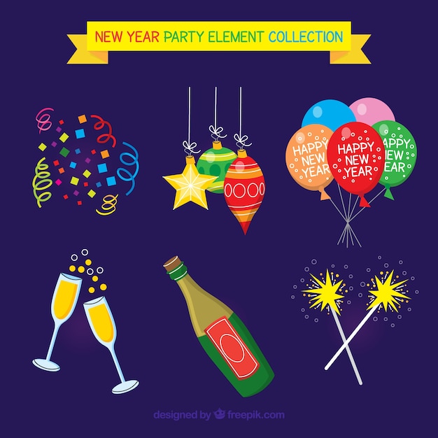 Colección de elementos de fiesta de año nuevo con diseño plano