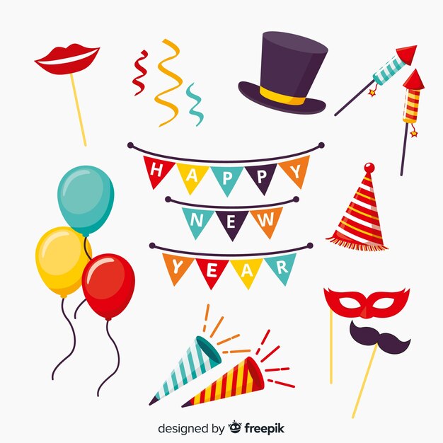 Colección de elementos de fiesta de año nuevo en diseño plano