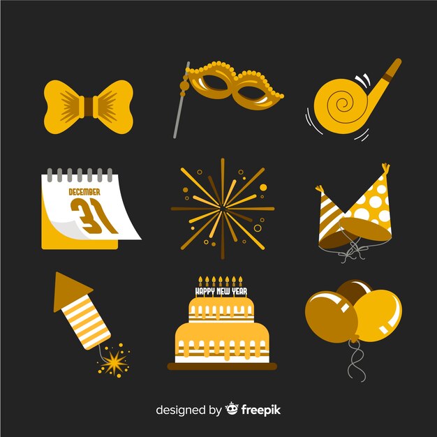Colección de elementos de fiesta de año nuevo de diseño plano