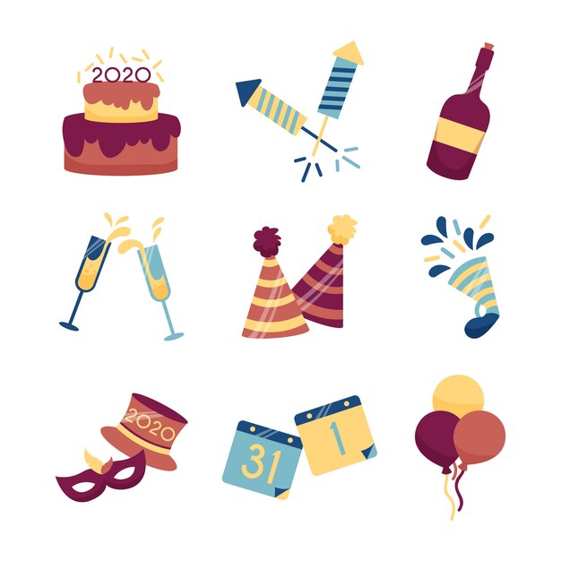 Colección de elementos de fiesta de año nuevo de diseño plano