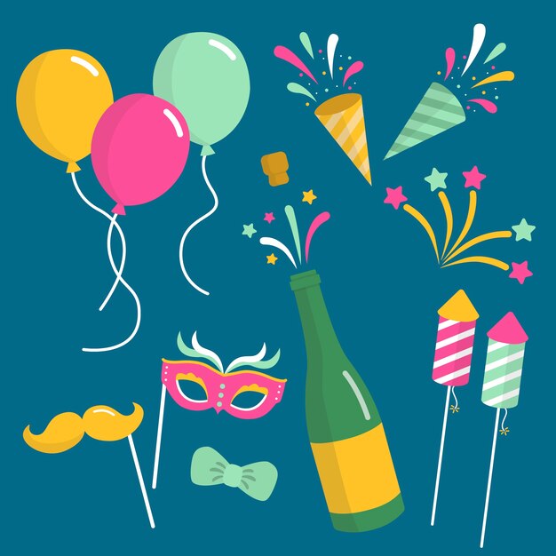 Colección de elementos de fiesta de año nuevo en diseño plano