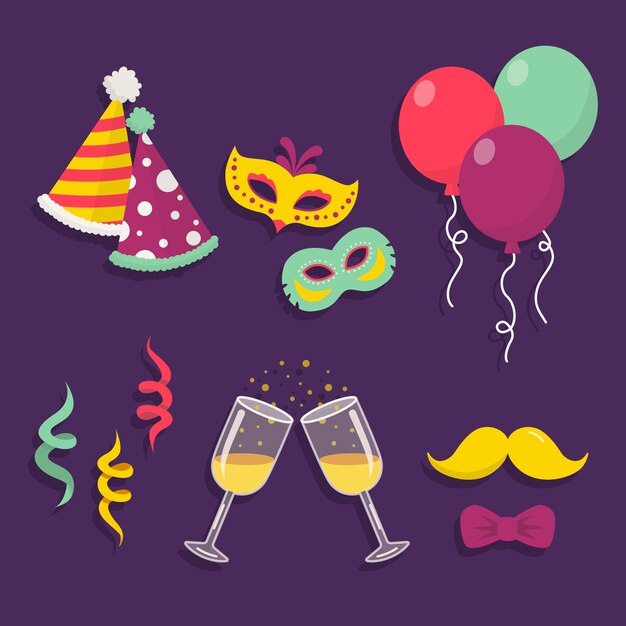 Colección de elementos de fiesta de año nuevo en diseño plano