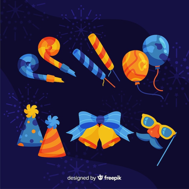 Vector gratuito colección de elementos de fiesta de año nuevo de diseño plano