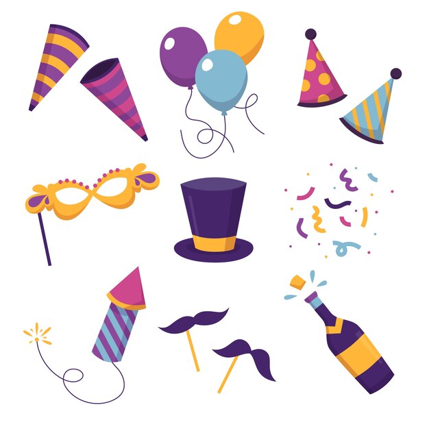 Colección de elementos de fiesta de año nuevo en diseño plano