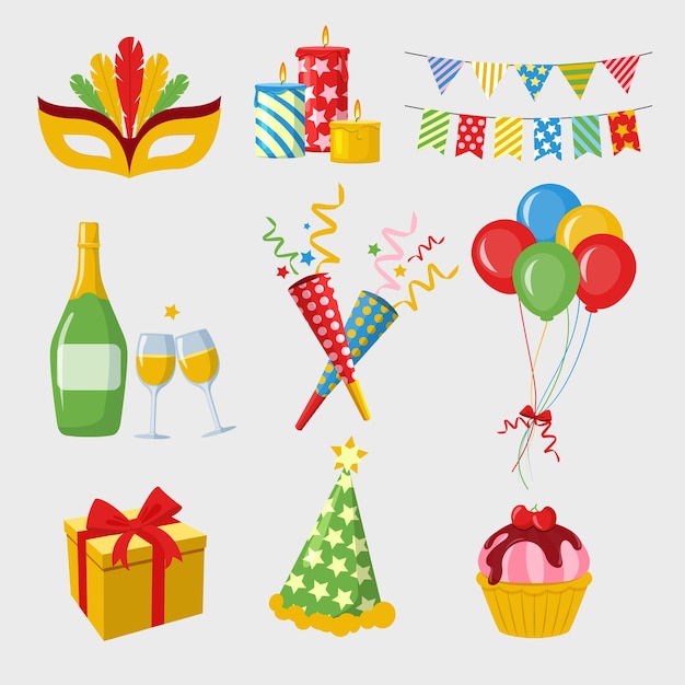 Colección de elementos de fiesta de año nuevo en diseño plano