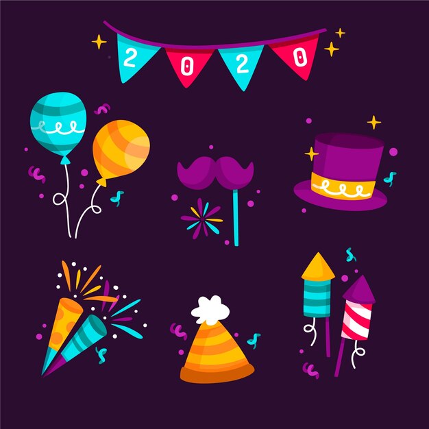 Colección de elementos de fiesta de año nuevo en diseño plano