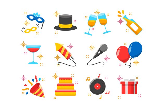 Colección de elementos de fiesta de año nuevo en diseño plano