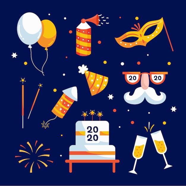 Colección de elementos de fiesta de año nuevo en diseño plano