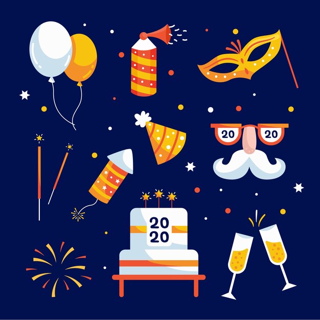 Colección de elementos de fiesta de año nuevo en diseño plano