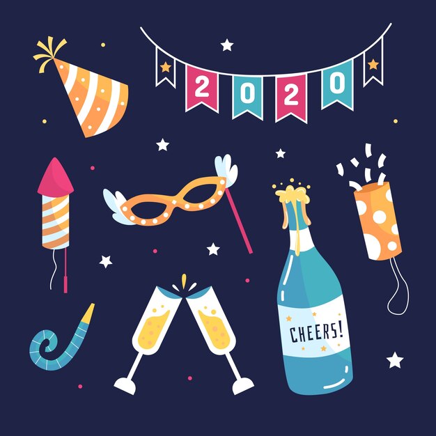 Colección de elementos de fiesta de año nuevo en diseño plano