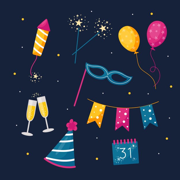 Colección de elementos de fiesta de año nuevo en diseño plano